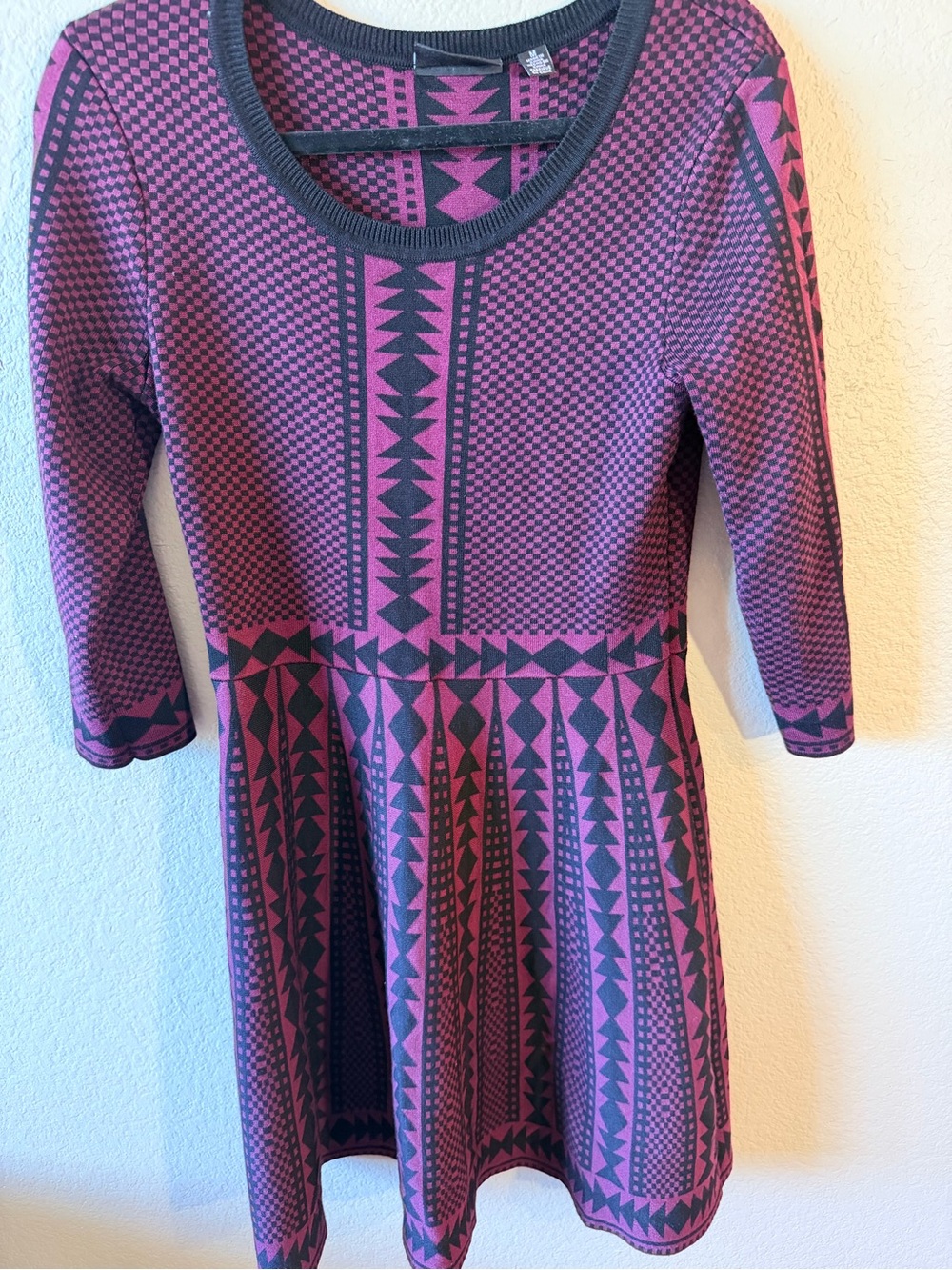 Nina Leonard Maroon and Black Geometric Fit-and-Flare Dress
